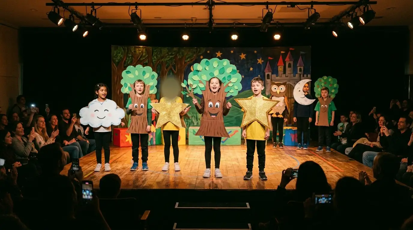 A school concert on stage, with protected pupils’ faces blurred