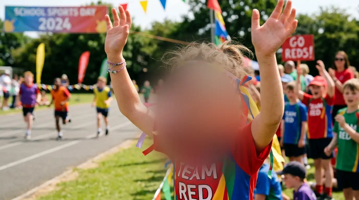 Sports day on the school field, with protected pupils’ faces blurred