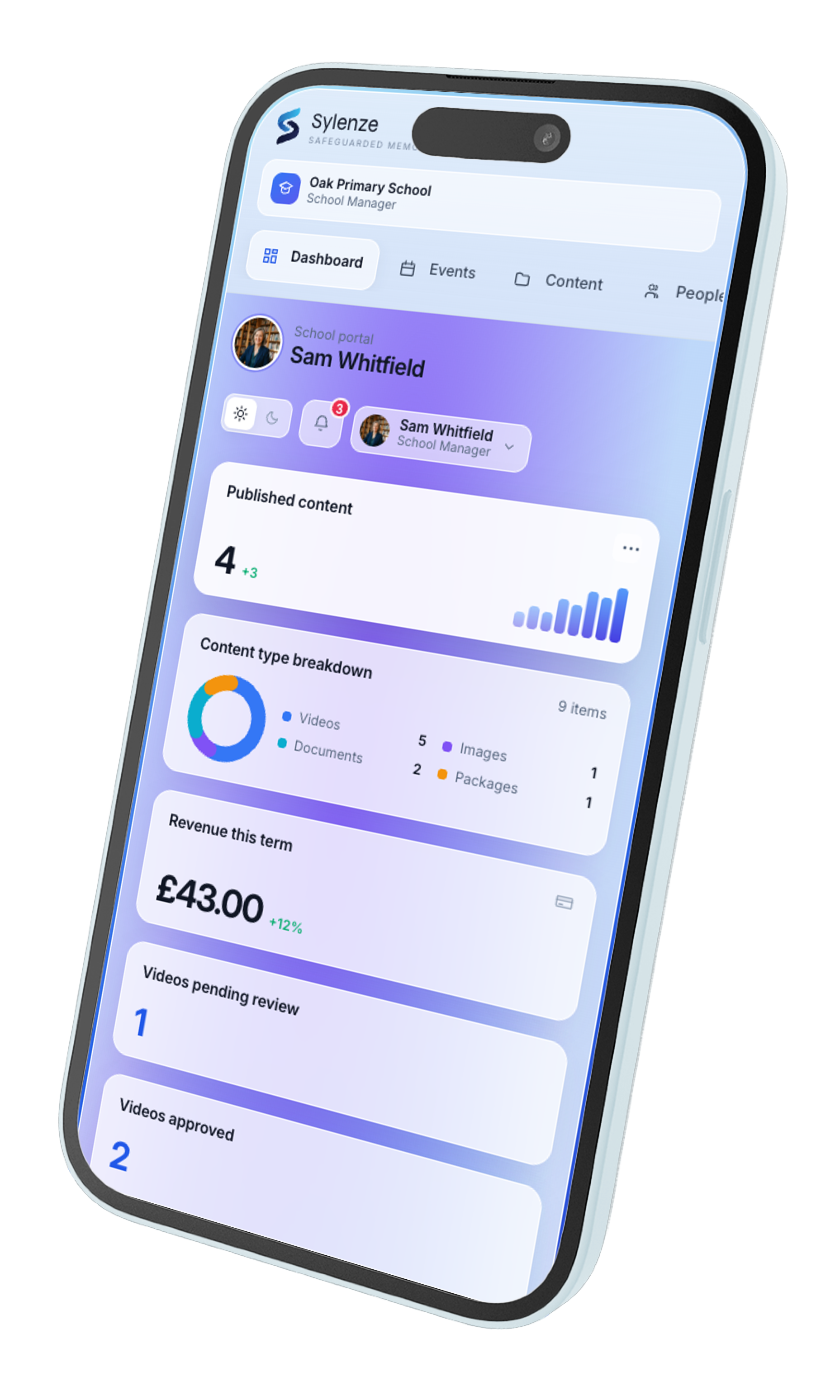 The Sylenze school portal on a phone, showing the staff dashboard