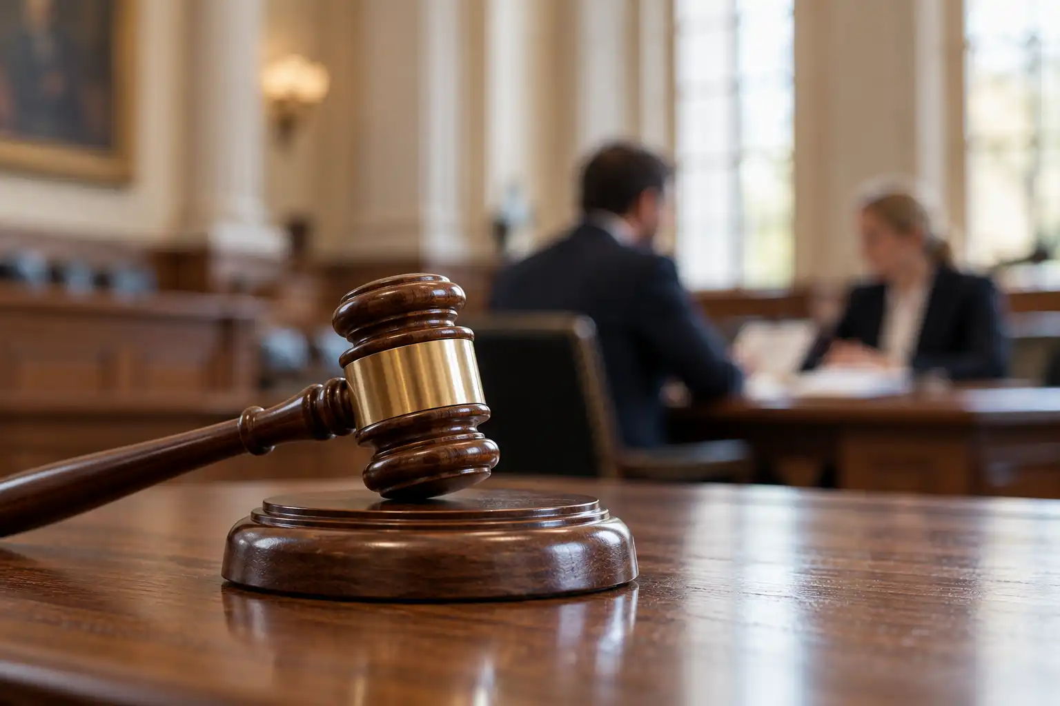 A courtroom, with a gavel in the foreground