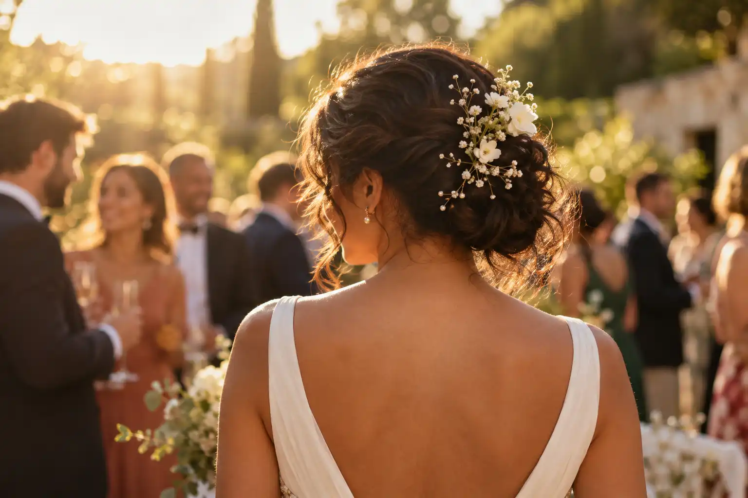 A bride seen from behind at an outdoor wedding