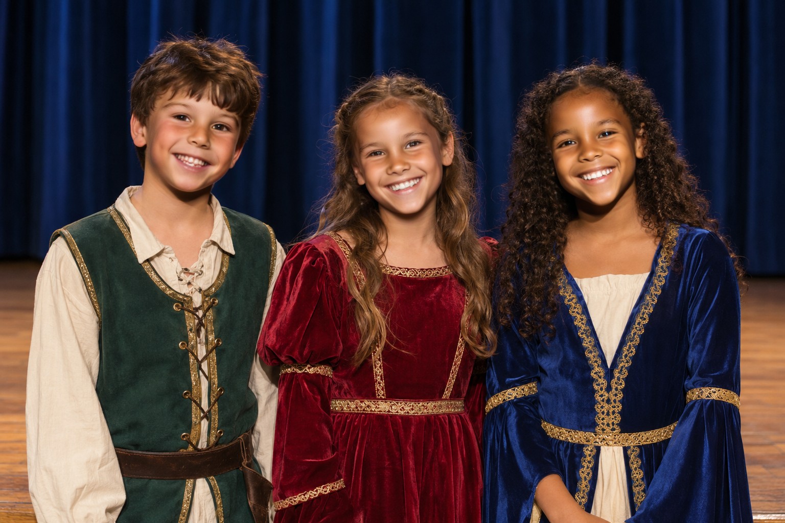 Sylenze Studio result: the same school-stage scene and costumes, with all three original faces replaced by different faces.