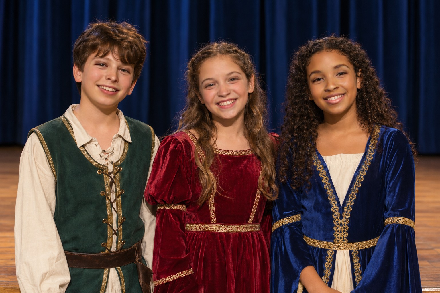 Fictional source: three AI-generated young performers in medieval-style costumes smiling on a school stage in front of a blue curtain.